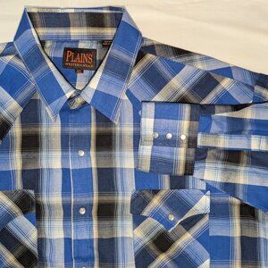 Plains Western Wear Pearl Snap Mens XL Blue Plaid Long Sleeve Shirt Western